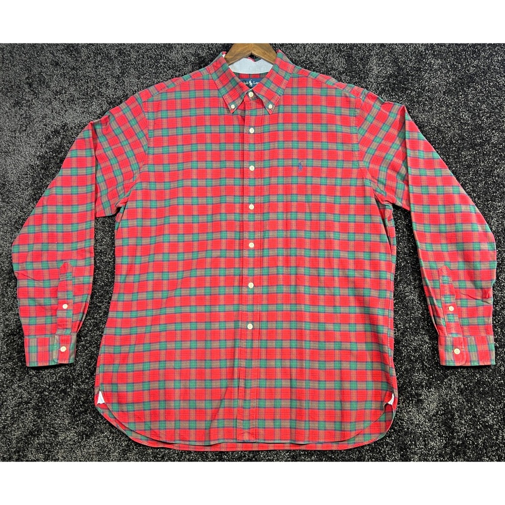 Ralph Lauren Classic Fit XL Plaid Button Down Long Sleeve Shirt Red‎ Green